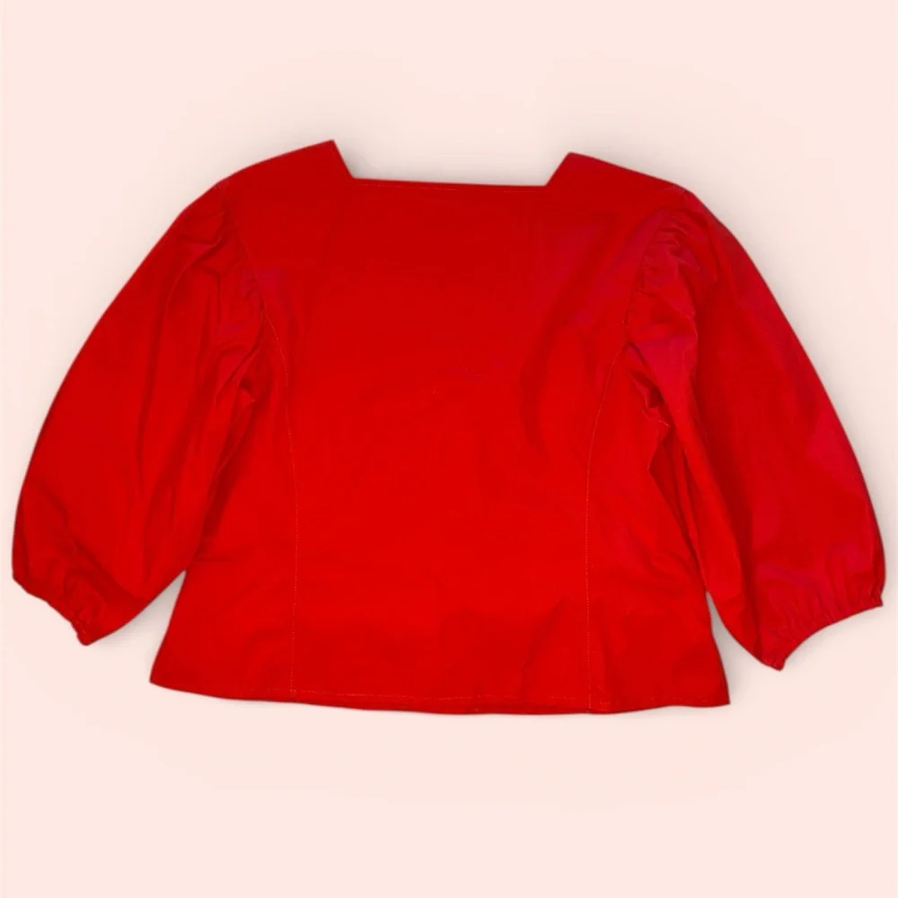 Tory Burch Red Cotton Puff Sleeve Button Up Blouse